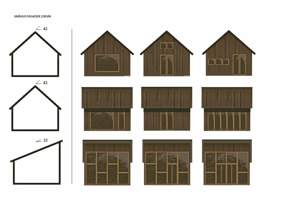 TEGN DIN EGEN HYTTE: Minihyttene fra Rindalshytter kan varieres, både med takvinkler, dører, vinduer og materialer.