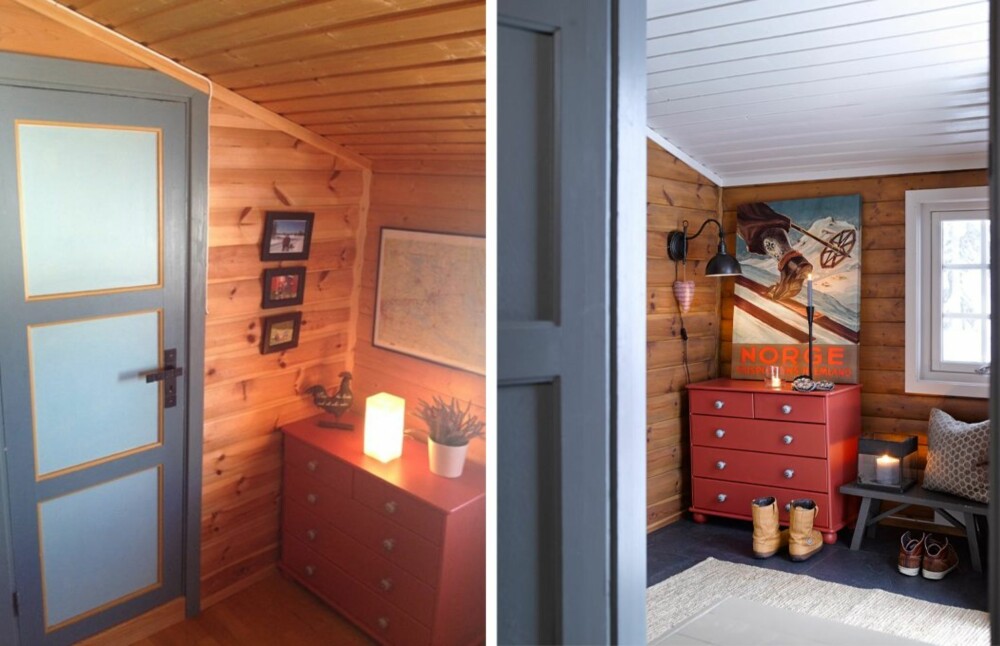 GANGEN: Veggene i entreen er beiset likt som de andre rommene. Den gamle kommoden sto der fra før, og den hadde hytteeierne malt rød. Skibilde på veggen er fra Palma. Kommoden ble malt med Nordsjö Professional dør, list, panel 15. Bauer, glans 15.
GANGEN: Veggene i entreen er beiset likt som de andre rommene. Den gamle kommoden sto der fra før, og den hadde hytteeierne malt rød. Skibilde på veggen er fra Palma. Kommoden ble malt med Nordsjö Professional dør, list, panel 15. Bauer, glans 15.