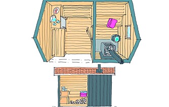 BADSTUE: Den vedfyrte badstuen har et åpent, men vind- og regnbeskyttet velværerom, der man kan sitte og kjøle seg ned mellom badstubadene. Det er plass til ved under sittebenkene og benken har et innebygd kjøleskap.