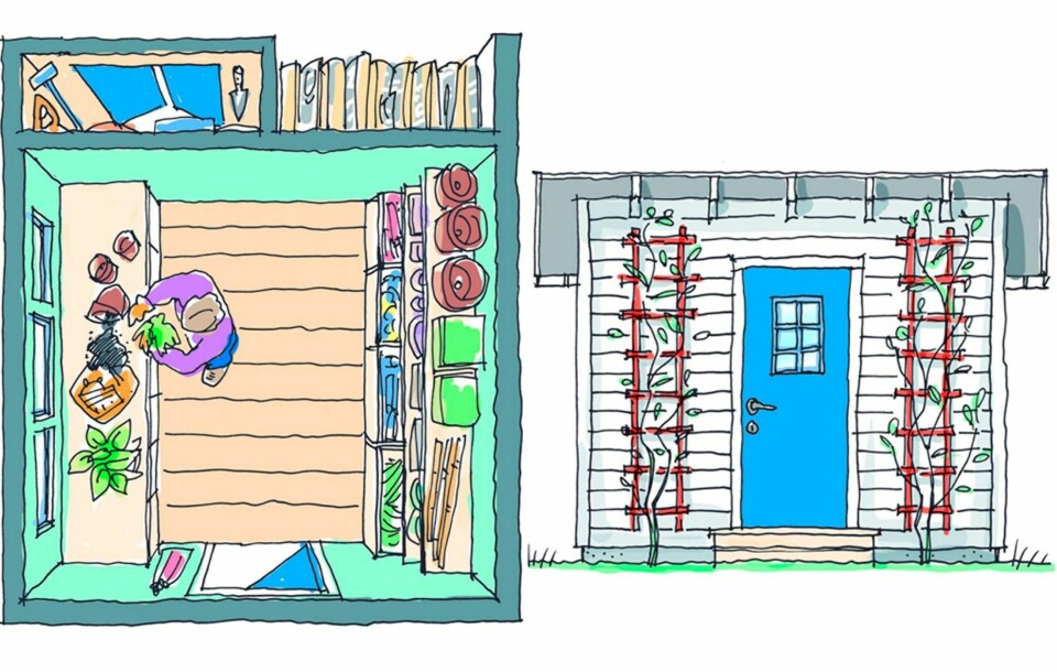 SNEKKERBOD: Vinduene gir arbeidslys. På motsatt side er det hyller fra gulv til tak. Arbeidsbenken er bygd av underskap til kjøkken og det er laget rom for både hageredskaper og ved.