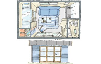 MINIHYTTE: Dette annekset har plass til både kjøkken, toalett, soverom og dagligstue på bare 15 kvadratmeter. Kjøkkenet er ferdigkjøpt fra Ikea og småbordene kan flyttes enkelt bort slik at sovesofaen kan trekkes ut. Det store vinduspartiet gir annekset et luftig uttrykk.