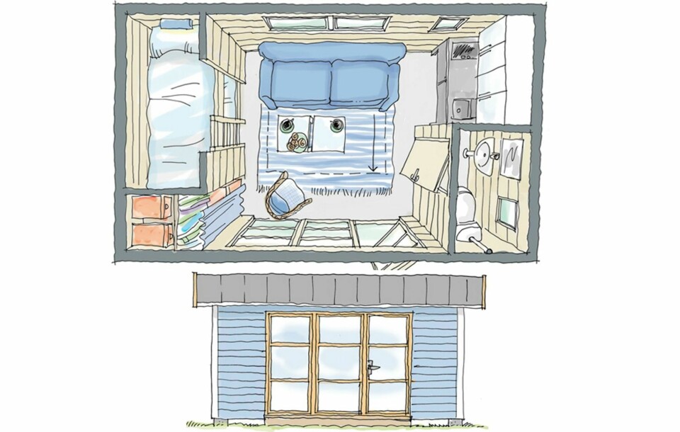 MINIHYTTE: Dette annekset har plass til både kjøkken, toalett, soverom og dagligstue på bare 15 kvadratmeter. Kjøkkenet er ferdigkjøpt fra Ikea og småbordene kan flyttes enkelt bort slik at sovesofaen kan trekkes ut. Det store vinduspartiet gir annekset et luftig uttrykk.