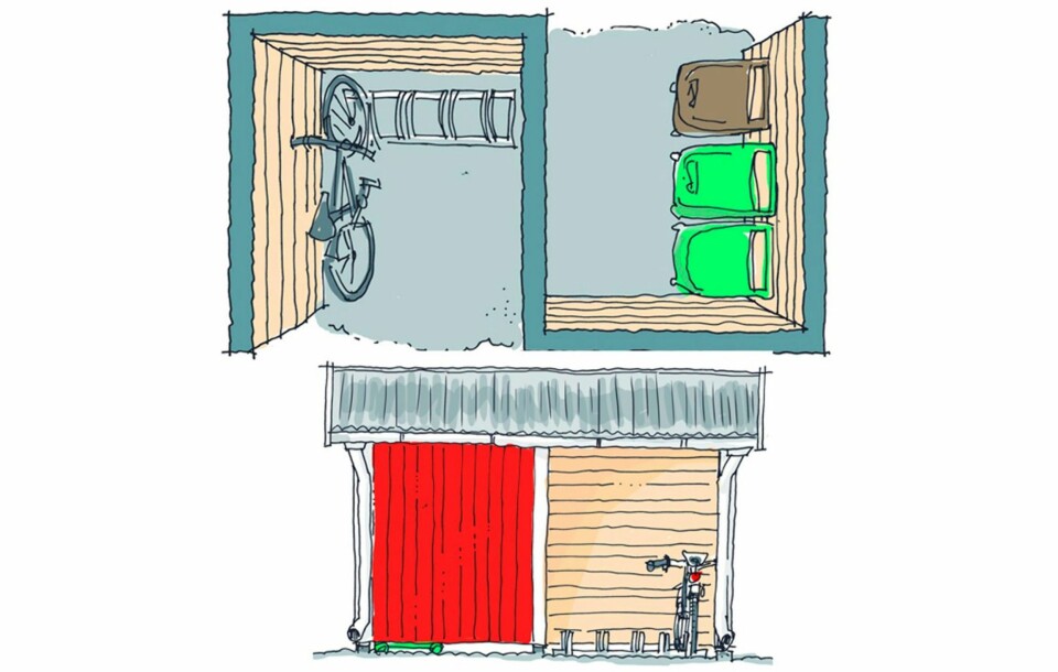 To i en: Sykkelboden og søppelrommet har full tilgjengelighet fra to sider. Syklene står beskyttet men er lette å komme til.