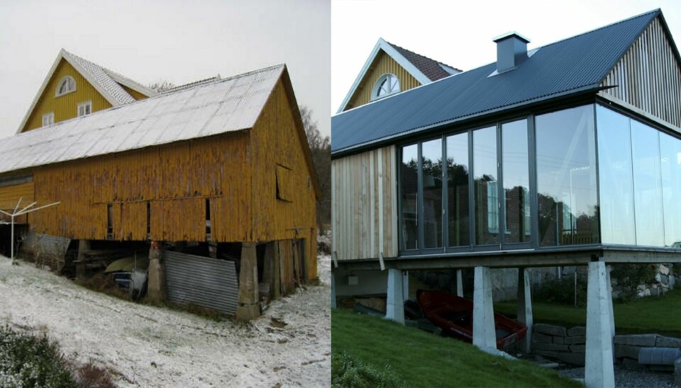 EKSTREM FORVANDLING: Opprinnelig var bygningen en skaftefabrikk beliggende på Veierland i Stokke kommune. Nå er fabrikken omgjort til en hytte og er tegnet av R21 Arkitekter.