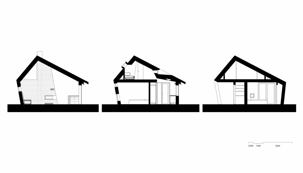 VERTIKALSNITT: Disse tre snittene viser hvordan hytta er organisert med en første og en annenetasje. (FOTO: Olav Resell) 