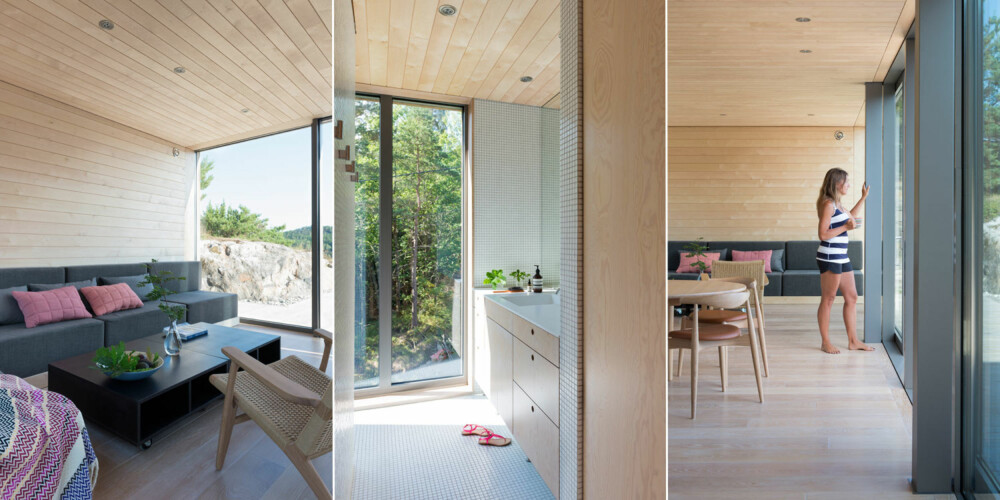 SPESIALDESIGNET: Til venstre: Den plassbygde sofaen løper langs nesten hele kortveggen, og gir sitteplasser til masse folk. Lenestolen CH25 er designet av Hans J. Wegner. Putene er fra Hay. Pleddet er fra Mandal Veveri. Midten: Badet og dusjen vender mot skogen. Her er det ikke behov for skjerming, med mindre en er sjenert for rådyr.
Til venstre: Merete Serck-Hanssen har alltid kontakt med omgivelsene, også når hun er inne. – Jeg har ennå ikke tatt meg tid til å lese en bok mens jeg har vært her. Det er så mye å se på, sier hun. SPESIALDESIGNET: Til venstre: Den plassbygde sofaen løper langs nesten hele kortveggen, og gir sitteplasser til masse folk. Lenestolen CH25 er designet av Hans J. Wegner. Putene er fra Hay. Pleddet er fra Mandal Veveri. Midten: Badet og dusjen vender mot skogen. Her er det ikke behov for skjerming, med mindre en er sjenert for rådyr.
Til venstre: Merete Serck-Hanssen har alltid kontakt med omgivelsene, også når hun er inne. – Jeg har ennå ikke tatt meg tid til å lese en bok mens jeg har vært her. Det er så mye å se på, sier hun.