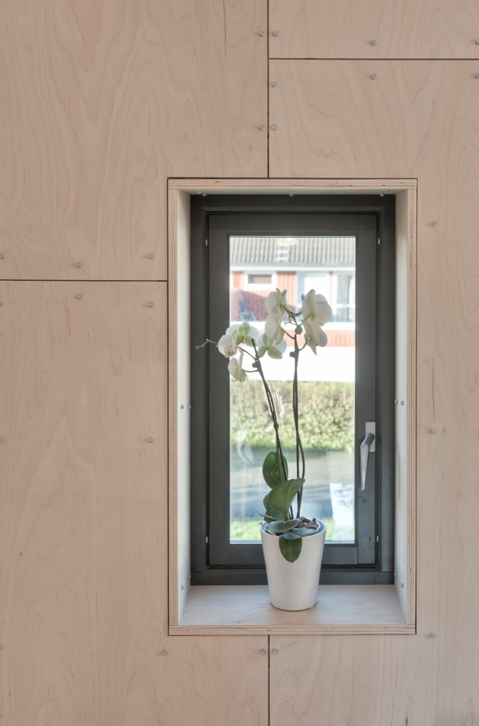 Nærbilde av innfestingen av kryssfinérplatene.