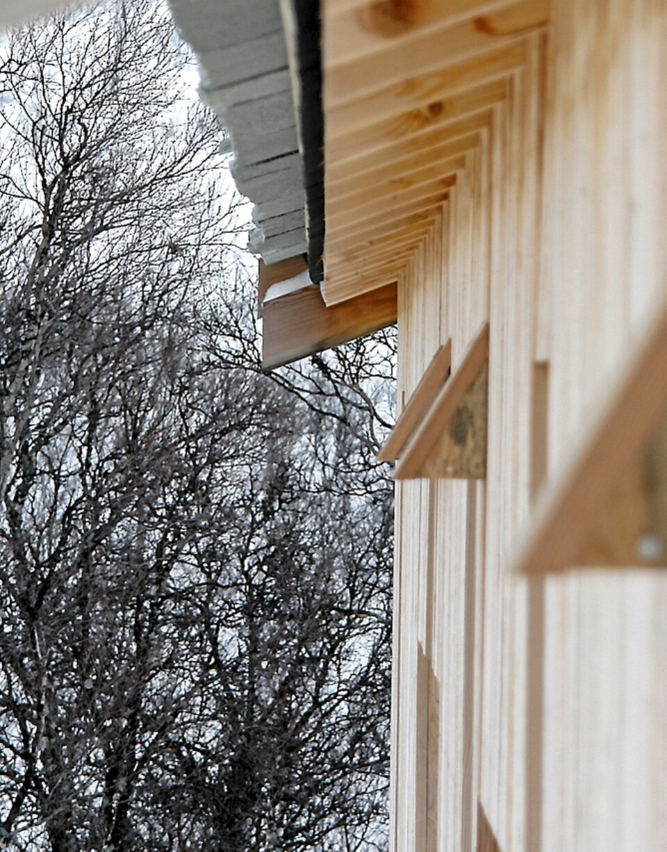 UTEN TAKRENNE: Låvepanel og enkel avslutning av steintaket. Ytterpanelet er i lerk.