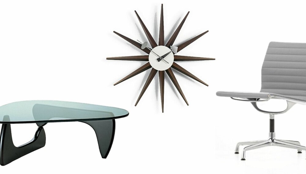 MODERNE KLASSIKERE: Coffee Table (Isamo Noguchi), Sunburst Wallclock (George Nelson) og Ea 108 (Charles & Ray Eames) er  amerikanske designklassikere.