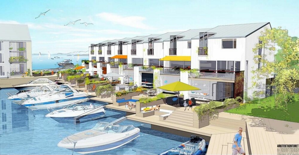 BÅTLIV: Man kan kjøre bil inn og båt ut til de 25 sjøhusene. Hver enhet vil ha egen bryggedel med 2 båtplasser, uteområde med brygge, balkong og solrom.