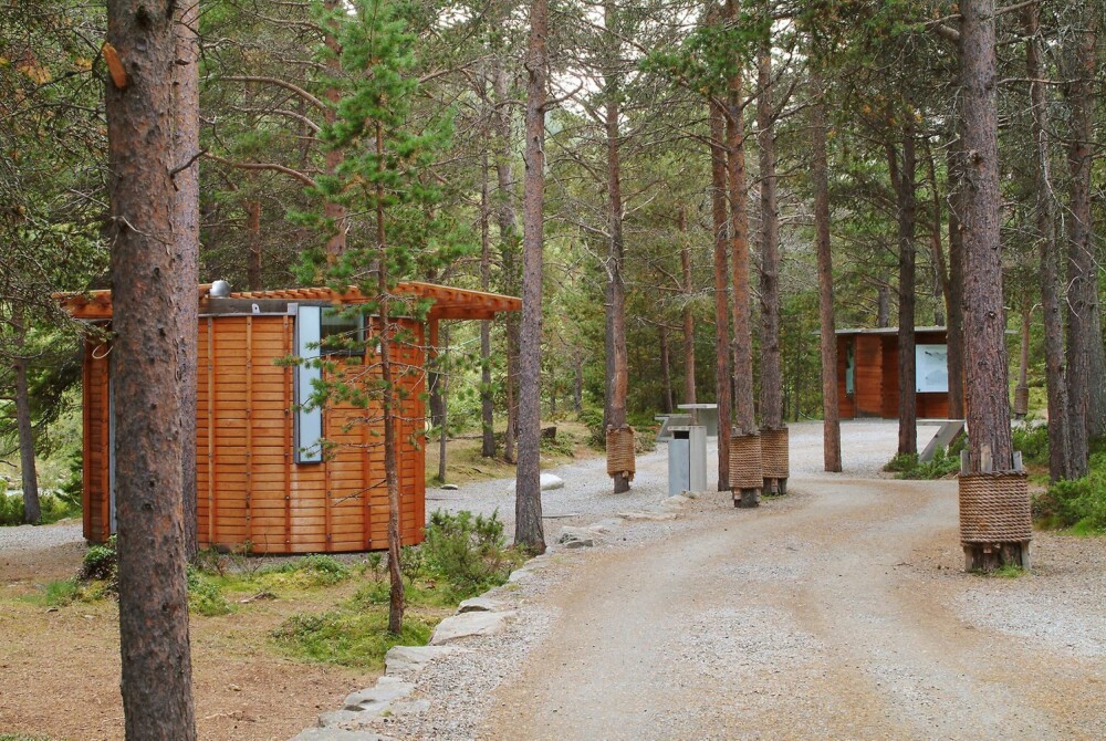Liasanden rasteplass i furuskogen i Leirdalen (ved Bøverdalen i Lom), Nasjonal turistveg Sognefjellet. Arkitekt: Jensen og Skodvin.