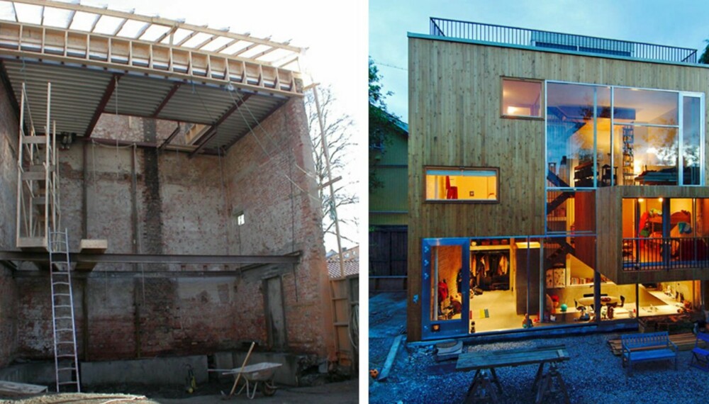 FØR OG NÅ: En gammel smie og stall på Vålerenga i Oslo fikk nytt liv som familiebolig. Den ene veggen ble fjernet og erstatet med en fasade i eikekledning og glass.