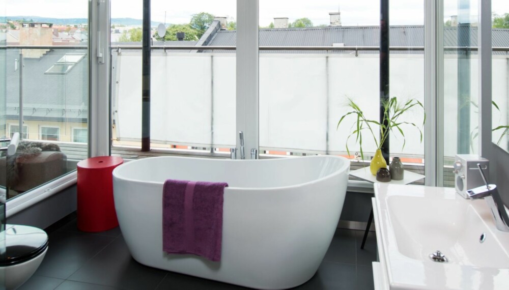 INNSYN OG UTSYN: Badet på 17 kvadratmeter i toppetasjen har mange glassflater både ut mot naturen og inn mot stuen og arbeidsrommet. En spesialsydd seilduk hindrer eventuelt innsyn. (FOTO: Espen Grønli) INNSYN OG UTSYN: Badet på 17 kvadratmeter i toppetasjen har mange glassflater både ut mot naturen og inn mot stuen og arbeidsrommet. En spesialsydd seilduk hindrer eventuelt innsyn. (FOTO: Espen Grønli)