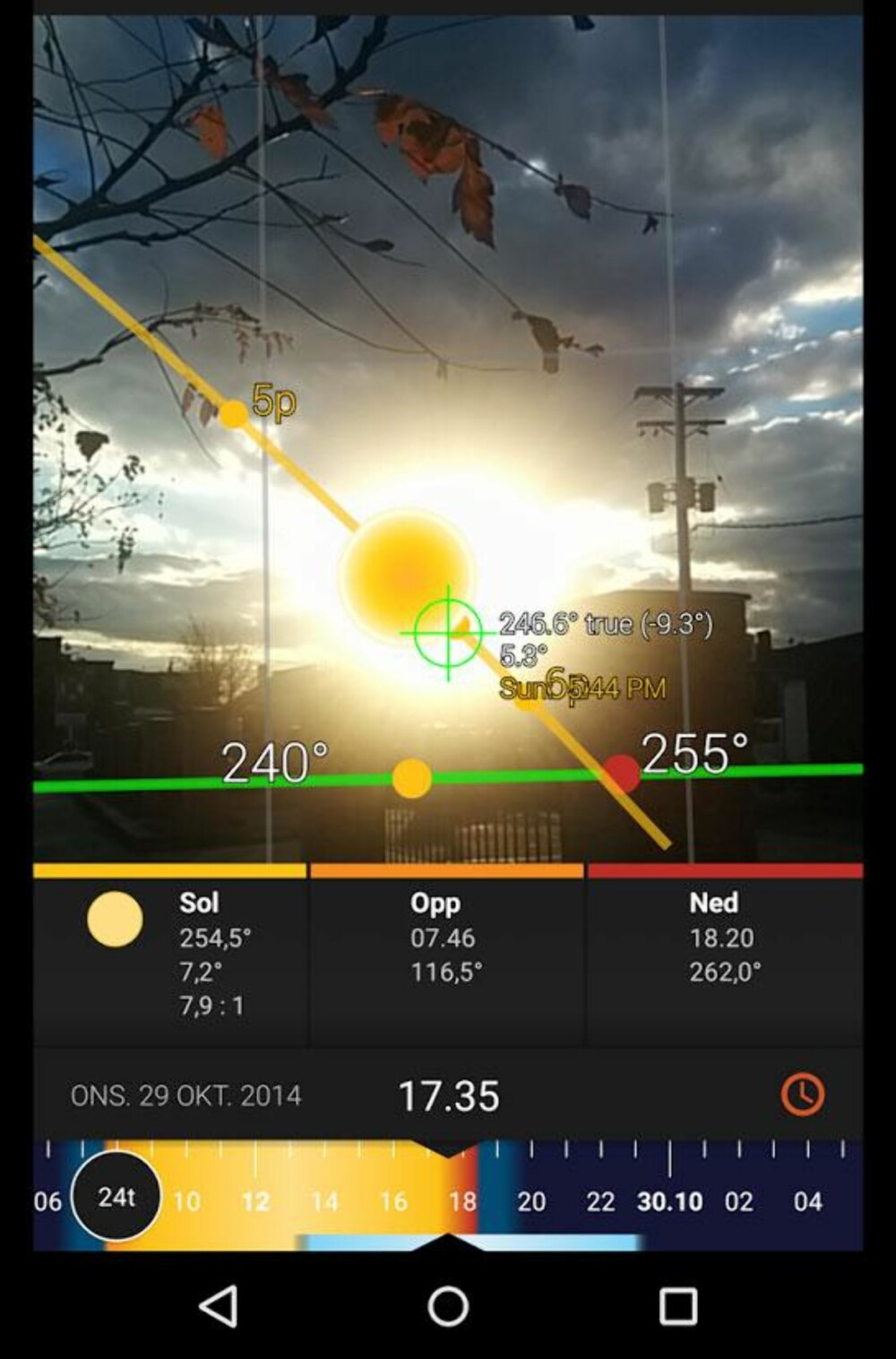 SOLFORHOLD: Appen Sunsurveyor viser deg hvor solen står til gitte datoer og klokkeslett, slik at du for eksempel kan sjekke hvor lenge du har sol på tomten på vinterstid. Den er tilgjengelig for både Android og Iphone/Ipad.