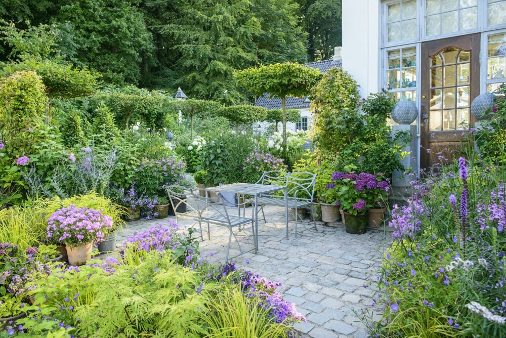 OASE I HAGEN: «The Sunken Garden» - for at man ikke skal få helt åndenød av den tette frodigheten, er det viktig med oaser. Morgenterrassen ligger øst for huset. Legg merke til at oppstammet agnbøk omkranser det nedsenkede hagerommet.