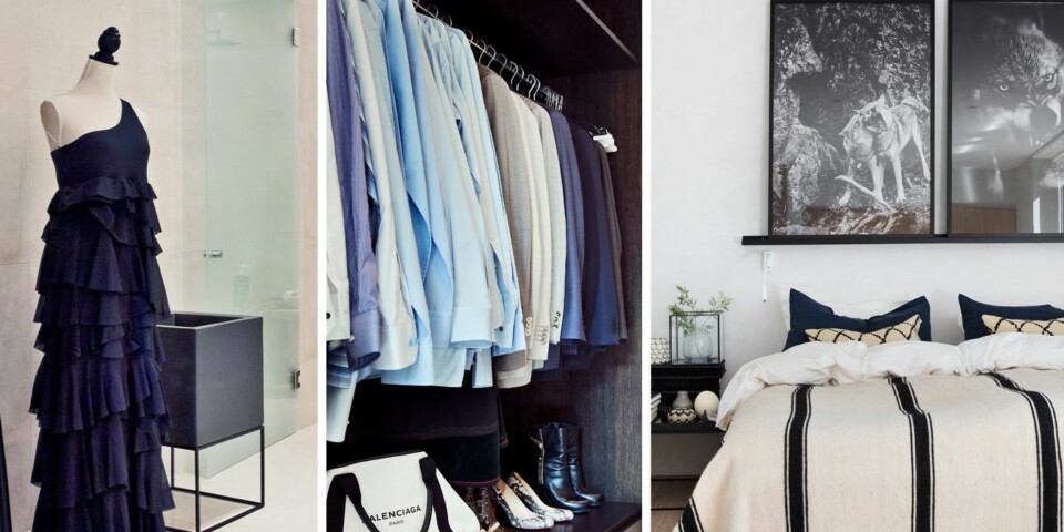 1. På badet har en dekorativ byste fått plass. Julie fant den på Åhléns. Tidligere sto den på datterens rom, men da hun ble lei, fikk den hodeløse damen en ny plass. 2. Julie forteller at mannen ville ha åpen og mørk garderobe mens hun vil ha lukket og lys. – Alt trenger ikke være likt, det er viktig at alle får det som de vil, sier hun. Her har hun dog fått satt noen sko og vesker i mannens garderobe, for anledningen. 3. Hovedsoverommet i midtetasjen har bad like ved. Ulvebildene i svart-hvitt er av fotograf Christian Houge. Sengeteppet er fra Samsarah Interiør i Drammen, nattbordet Tray er fra Hay, og gulvteppet er fra Living/Skeidar.