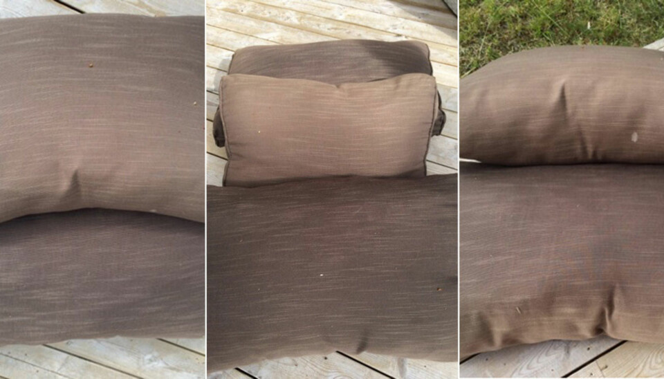 FALMET AV SOL: Du ser tydelig forskjell på putene som har vært mye ute i sola, og de som har ligget beskyttet. Denne falmingen har skjedd i løpet av et par år.