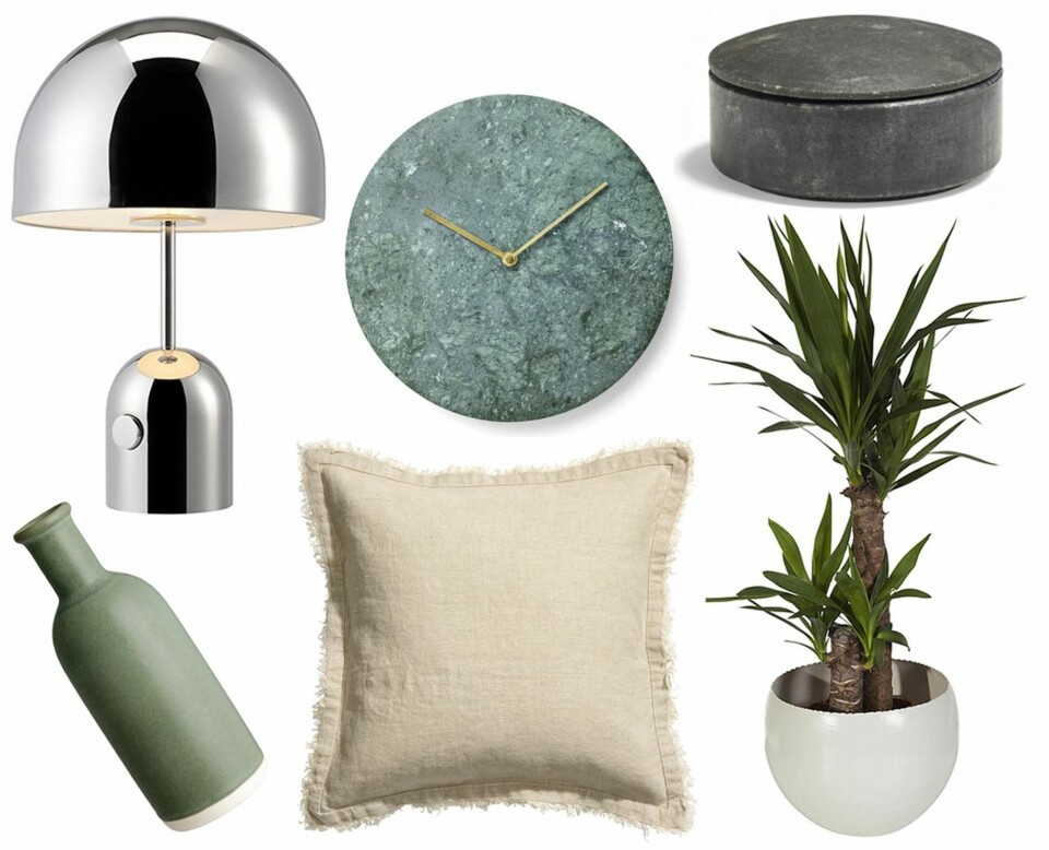 VÅRTRENDER: Øverst fra venstre: Bell Table Light fra Tom Dixon, kr 5199. Marble Wall Clock Grønn fra Menu kr 1999. Lens box Marble Black fra HAY, kr 479. Keramikkvase fra H&M, kr 79,50. Putetrekk i lin fra H&M, kr 99. Yucca-palme fra Mester Grønn, kr 350.