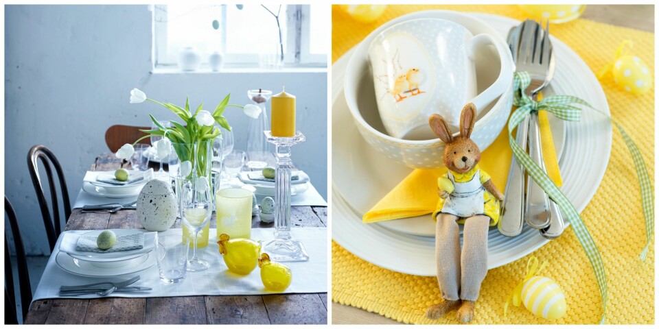 INSPIRASJON: Til venstre viser Tilbords hvordan du kan gjøre det enkelt og stilig. Til høyre har Nille bundet bestikket sammen med et grønnrutet bånd og selveste påskeharen har fått plass ved bordet.