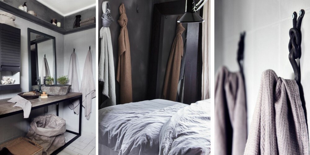 STILIG BADEROM: 1. De blå baderomsflisene med prestekragemotiv er kamuflert med kalkmaling i fargen Seafoam, og det øverste feltet og innredningen er malt i fargen Cloudy Concrete fra Pure & Original. Benken er kjøpt for lenge siden på Hilmers Hus, og vasken i stein er fra Anouska. Speilet har tidligere vært både turkis, brunt og grått, men er nå blitt malt med en grågrønn restefarge. Skittentøykurven er fra Uashmama. 2. Matt, glatt, røft og mykt – miksen av ulike overflater på soverommet gjør uttrykket spennende. Speilet er fra BoConcept, kommoden fra Ikea og pleddene fra Anouska og Elvang. Krukken er et bruktfunn. 3. Linhåndukene fra Harmony henger på kroker fra Hoffz. STILIG BADEROM: 1. De blå baderomsflisene med prestekragemotiv er kamuflert med kalkmaling i fargen Seafoam, og det øverste feltet og innredningen er malt i fargen Cloudy Concrete fra Pure & Original. Benken er kjøpt for lenge siden på Hilmers Hus, og vasken i stein er fra Anouska. Speilet har tidligere vært både turkis, brunt og grått, men er nå blitt malt med en grågrønn restefarge. Skittentøykurven er fra Uashmama. 2. Matt, glatt, røft og mykt – miksen av ulike overflater på soverommet gjør uttrykket spennende. Speilet er fra BoConcept, kommoden fra Ikea og pleddene fra Anouska og Elvang. Krukken er et bruktfunn. 3. Linhåndukene fra Harmony henger på kroker fra Hoffz.