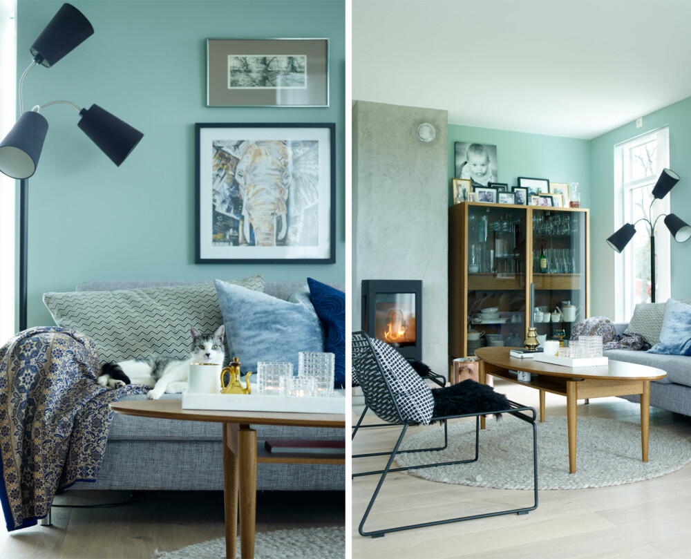 STUE: Nyansene på tekstiler og overflater er hentet fra omgivelsene. Stålampen er fra Frandsen, sofaen er fra Bolia, og bordet er fra Ikea. Putene er fra Lottes butikk Heimhusan. Den lyseblå velurputen er fra Mimou og den mørkblå er fra Moltex. Bildet med elefant er fra Incado. Gulvet er eikeparkett som er slipt ned og hvitoljet.
STUE: Nyansene på tekstiler og overflater er hentet fra omgivelsene. Stålampen er fra Frandsen, sofaen er fra Bolia, og bordet er fra Ikea. Putene er fra Lottes butikk Heimhusan. Den lyseblå velurputen er fra Mimou og den mørkblå er fra Moltex. Bildet med elefant er fra Incado. Gulvet er eikeparkett som er slipt ned og hvitoljet.