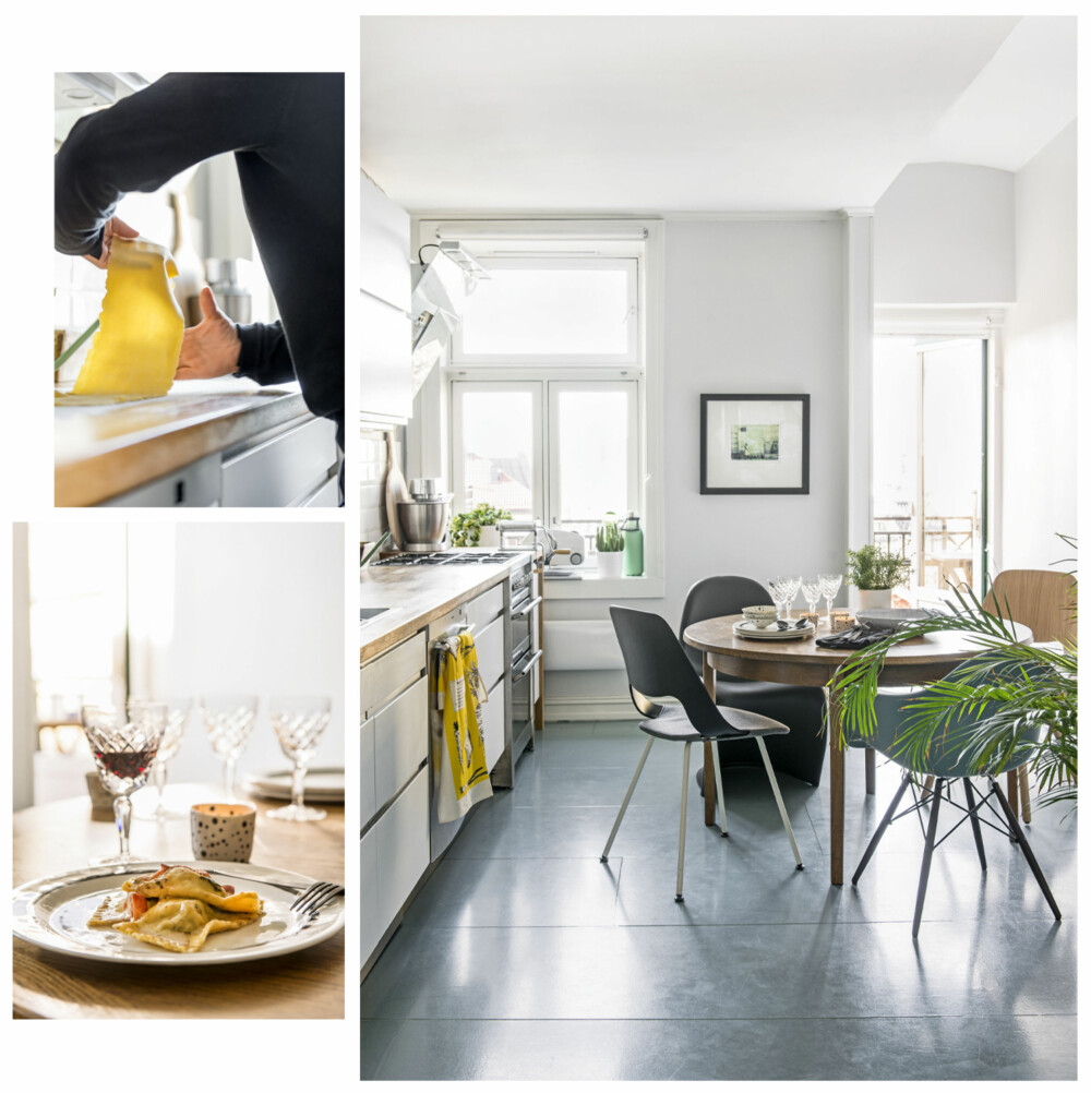 ALT PÅ ET PLAN: Kjøkkenet er standard fra Ikea men benkeplaten er spesialtilpasset med ti cm ekstra dybde. Rundt det runde bordet, som er kjøpt brukt, er det en miks av stoler fra Verner Panton, Charles & Ray Eames og Bolia. – Bordet har ileggsplater.
