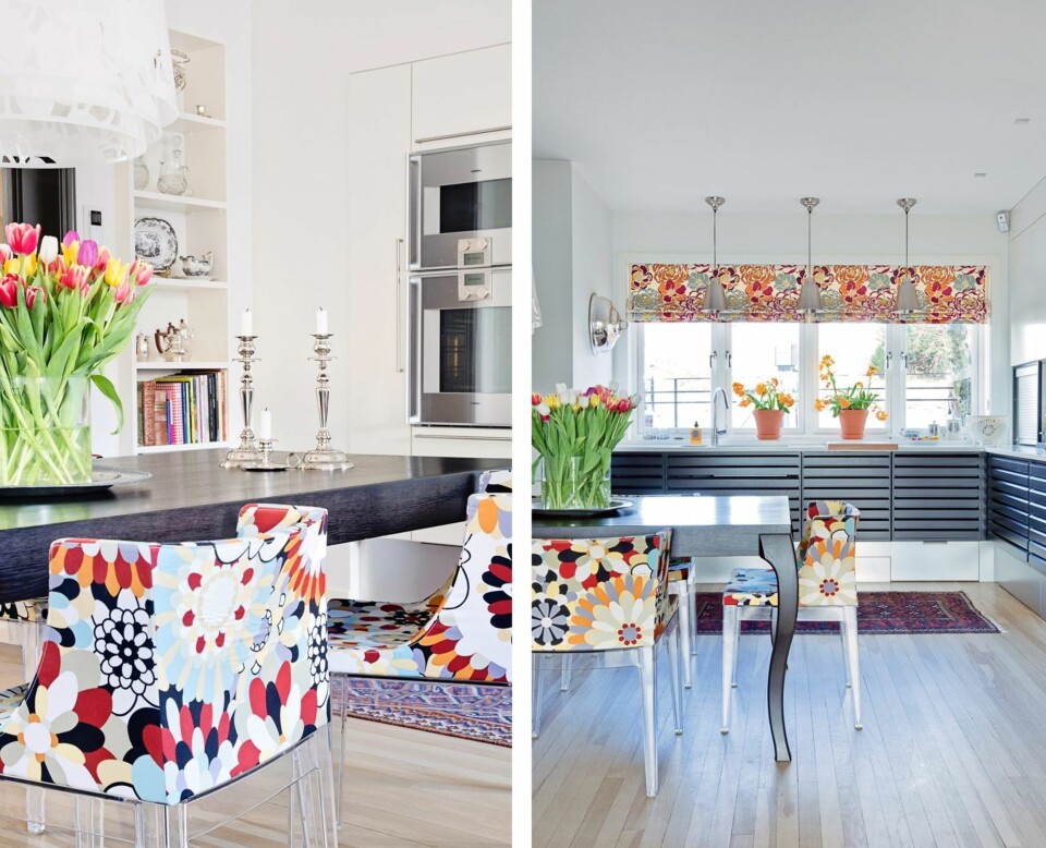 MIKS AV FARGER OG MØNSTRE: At Kielland har en forkjærlighet for farger, mønstre og strukturer kommer særlig godt frem på kjøkkenet. Lampen i taket er fra Kartell, lysestakene er arvestykker, stolene trukket i tekstil fra Missoni. FRA UNO FORM: Kjøkkenet fra Uno Form ble valgt på grunn av kvalitet og et utseende som bidrar til at rommet ikke ser ut som et tradisjonelt kjøkken, men like mye som en spisestue. Frontene er svartbeiset, og sammen med spisebordet i samme farge gir det et ryddig og rolig inntrykk.