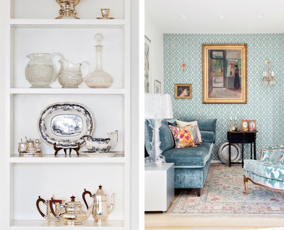 ARVESTYKKER: På kjøkkenet ble det laget en integrert hylle der flotte arvestykker får stå på stas. BLÅ STUE: Sjeselongen fra Fogia er trukket i stoff fra Designers Guild, med puter fra Missoni Home. Maleriene og lyskronen på veggen er familieklenodier som gir en fin kontrast
til tapetet fra Osborn & Little. Gulvteppet ble kjøpt på en reise i Istanbul, mens lenestolen fra Andrew Martin er trukket i stoff fra Designers Guild.