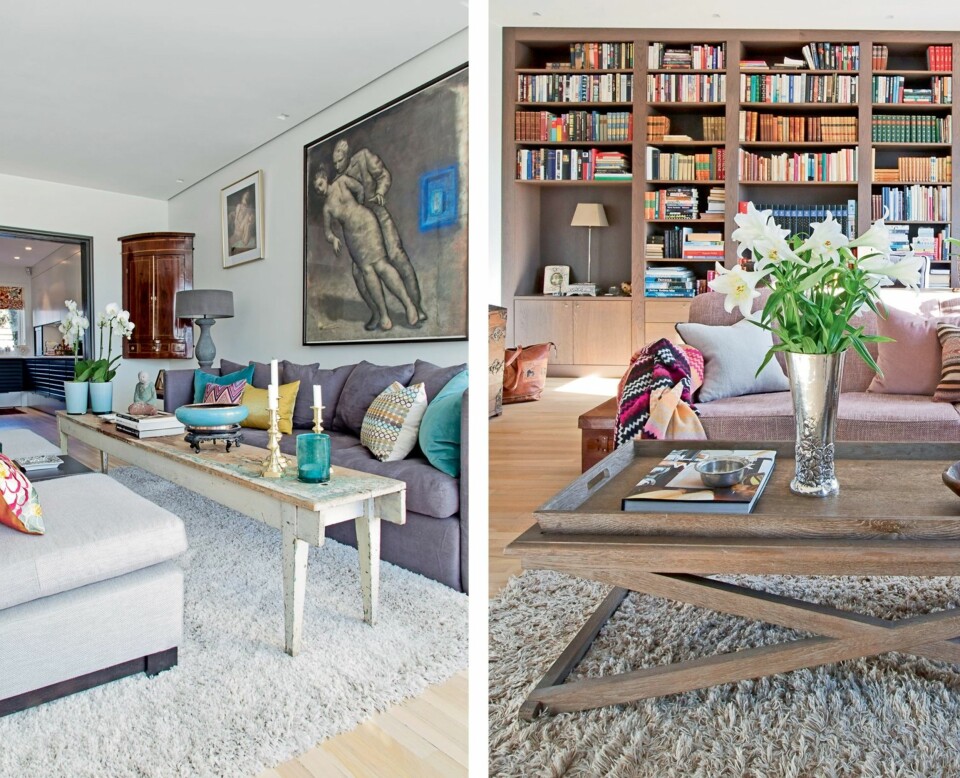 HARMONI: I stuen har Trine kombinert nyere møbler med kunst og klenodier som har fulgt familien lenge. Hun har holdt alt i samme fargetoner for bedre harmoni. Det ble satt inn en skyvedør mellom kjøkken og stue for å beholde den luftige og åpne atmosfæren, samtidig som det er mulig å lukke dørene ved behov. Mahogniskapet i hjørnet kjøpte Trine i en antikvitetsforretning for 20 år siden. Bildene på veggen er kulltegninger fra Svein Bolling - en kunstner Trine «oppdaget» for 30 år siden. Hun er fortsatt en stor beundrer av hans arbeider. Sofaen er fra fra Magazin, bordet er en gammel benk.