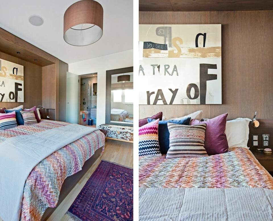 SOVEROM: Sengeteppet og putene er fra Missoni Home. Gavlveggen bak sengen er laget av Tre-verk-Stedet. Den gir rommet karakter og en følelse av å sove på et hotell. Fra soverommet er det direkte inngang til ett av husets tre bad. I nisjen over sengen henger
et maleri av Magne Furuholmen.