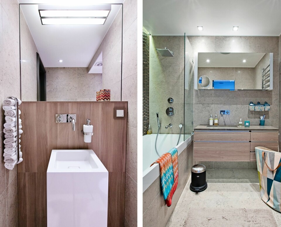 BADET: Baderomsinnredning med vask og topplate fra Alape, speilskap fra Keuco, levert av EC Dahl. Flisene Gasgogne blue er fra Stenprosjekt. Skittentøyskurv fra Ferm Living og håndklær fra Missoni Home. På gjestetoalettet er det satt inn en kvadratisk søylevask fra Alape, levert av EC Dahl. Armatur fra Hansgrohe. Såpedispenser og håndklehylle fra Keuco.