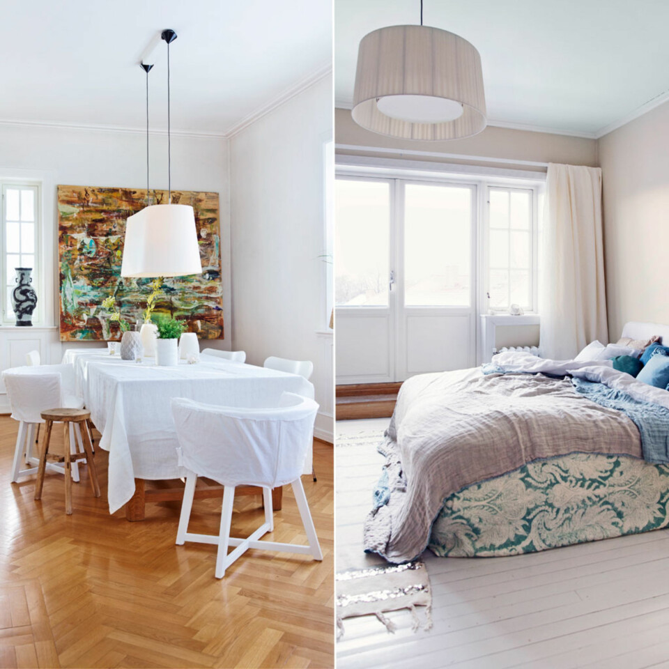 MODERNE: Espen Røises maleri fra Galleri Semmingsen fanger blikket i spisestuen. Lampen er fra Moooi, og den ornamentalt mønstrede vasen i vinduskarmen er et frunn fra en reise til Kina. Glassvase og telysholdere på bordet fra Bolina. Lykter og hvit vase fra Country Chic. Den gyllenbrune fiskebensparketten ble lagt da Cecilie og samboeren flyttet inn. Spisestuestoler fra Balzac.Til høyre ser du utgangen til soveromsbalkongen, som er ett av Cecilies favorittsteder i huset. Sengen er kledd i et stykke brokadestoff fra Poesi Agenturer, i fin kontrast til det duse sengetøyet i vasket lin fra Bolina. På gulvet ligger et marokkansk brudeteppe med glitrende paljetter.