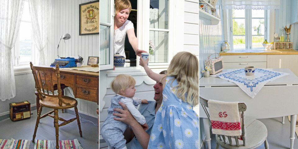 GAMMELT HUS: Til venstre: Et fint gammelt skrivebord, som stod i huset, har fått plass i det grønne soverommet. Gamle bilder, ei skrivemaskin og ei regnskapsbok fra 1909 understreker den nostalgiske stemningen i rommet. I midten: Når det mangler sukker til svelene er det praktisk å ha uteplassen like utenfor kjøkkenvinduet. Til høyre: I kjøkkenet har Hilde og Rune bevart det opprinnelige panelet der det var mulig. Kjøkkeninnredningen er fra Ikea mens bord og stoler stod igjen i huset da de overtok.