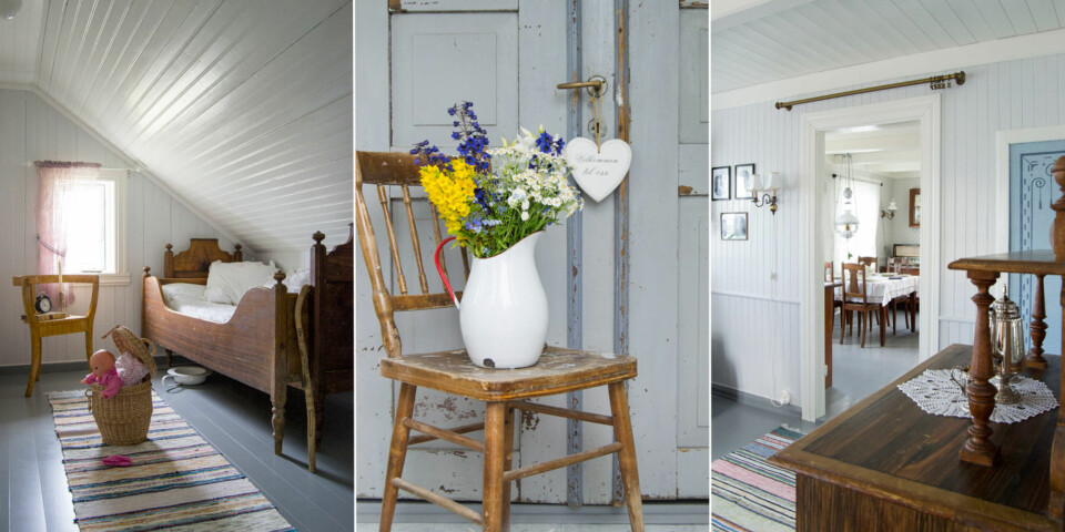 VAKKERT: Til venstre: Da Signe Kristine fikk velge rom i Halsebøstua, valgte hun dette koselige rommet med skråtak uten å vite at dette var jenterommet i huset for 40 år siden. Her bodde den eneste jenta i familien sammen med en tjenestepike den gangen. Senga ble funnet på låven og jorastolens stod i huset ved overtakelse. I midten: Etter at huset har stått tomt i over 40 år kan gjester igjen ønskes velkommen til Halsebøstua. Til høyre: Her ser vi fra Finstua og inn i Storstua. Begge rommene er malt i lyse og harmoniske farger som framhever de brune møblene som stod i huset fra før. Hilde og Rune har lagt mye arbeid i å bevare de opprinnelige veggene som består av to forskjellige typer panel i Finstua.