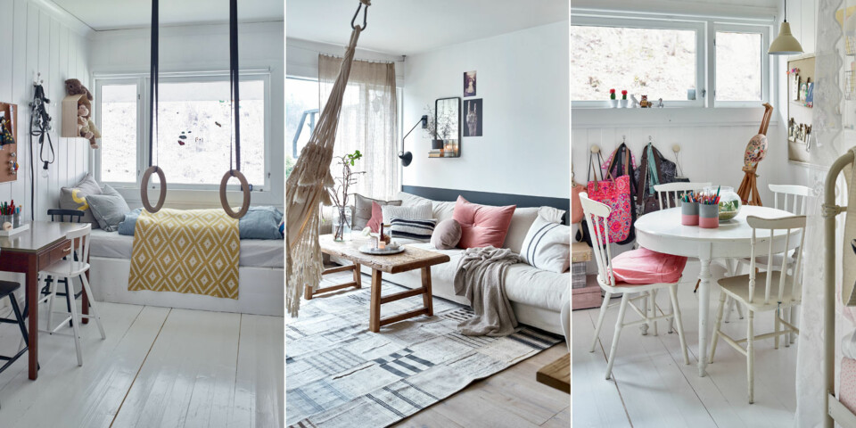 FARGERIKT: Til venstre: En rammemadrass fra Ikea hviler på en hvitmalt trekasse. Sengeteppet er fra Ilva, turnringene fra finn.no. Midten: Bordet som står her nå, står vanligvis langs veggen, for i stuen er det turning og lek som gjelder. Sofa Heaven fra Skeidar, puter fra Verket Interiør og gulvteppe fra carpetvista.no. Til høyre: Det runde bordet er tatt med fra det store Sveitserhuset de bodde i tidligere og bidrar med karakter og tekstur til rommet. Også Selmas rammemadrass er trukket i et tekstil fra Stoff & Stil.