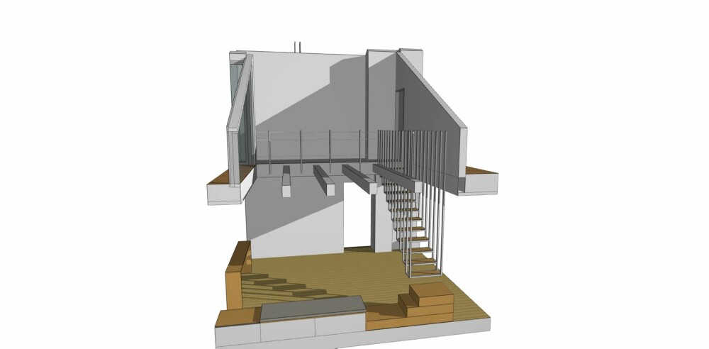 Snittet viser trappen opp fra første etasje og opp til den smale gangbroen som binder de to delene av råloftet sammen. (ILLUSTRASON: Haptic Architects)