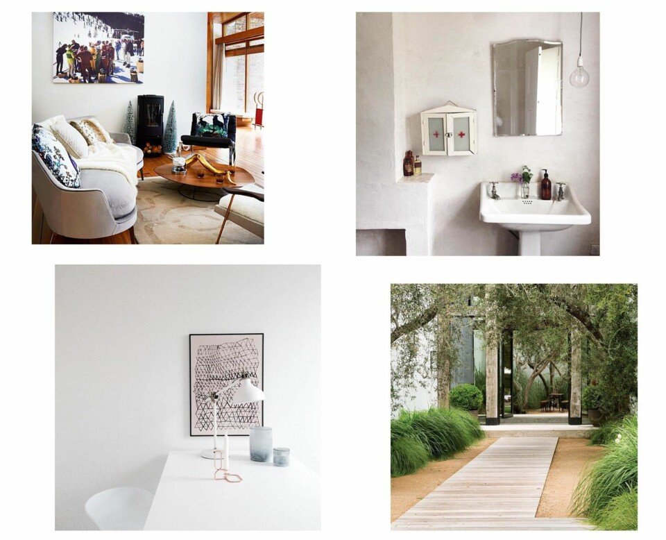 INTERIØR-INSPO: Øverst fra venstre: @elledecorationru, @lisacohenphoto, @gitbagge og @groundedgardens.