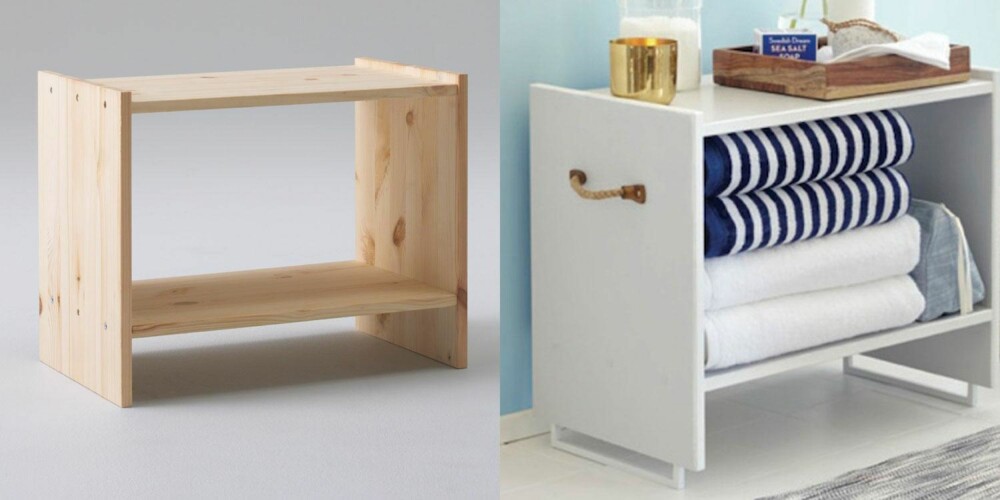 ENKELT: Slik foreslår Emily Henderson at man kan forvandle et enkelt nattbord til en praktisk og dekorativ baderomshylle.