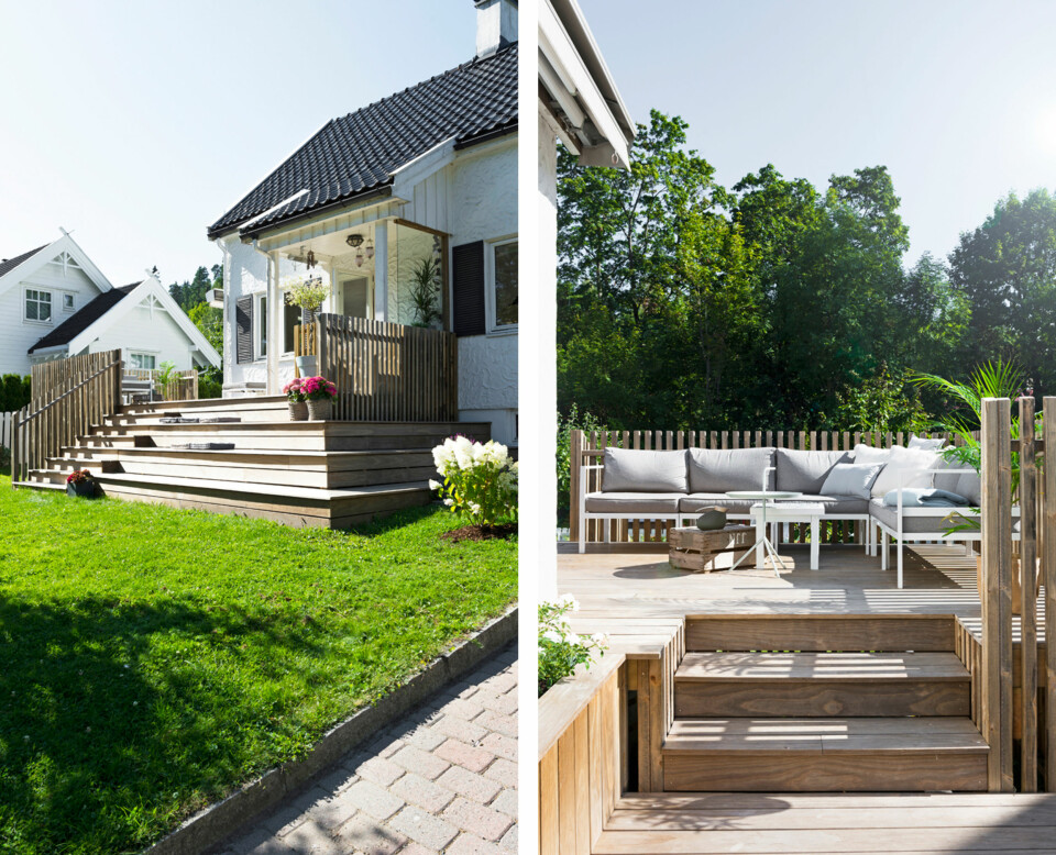 NY TERRASSE: - Den nye terrassen gir flere og bedre uteplasser samtidig som den inviterer til å ta i bruk hagen, sier interiørarkitekt Tone Grimsrud. Sofasonen er rammet inn av et rekkverk som skjermer mot veien nedenfor – og nabohuset i sør. Tre trinn fører ned til spiseplassen, som er lagt på bakkenivå. Loungemøblene er fra Leone, kjøpt på Kolsås hagesenter.