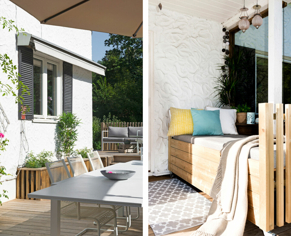 FESTPLASS OG DAGSENG: Det som tidligere var et gangareal, er nå blitt til en rommelig festplass. Det pulverlakkerte aluminiumsbordet fra Garden Art kan forlenges til 330 cm, det er kjøpt på Fine Design. Stolene er fra Ikeas hagemøbelsortiment. Under overbygget, helt inntil huset, er det bygget en dagseng med en glassplate bak. Her er en sikret le for vinden.