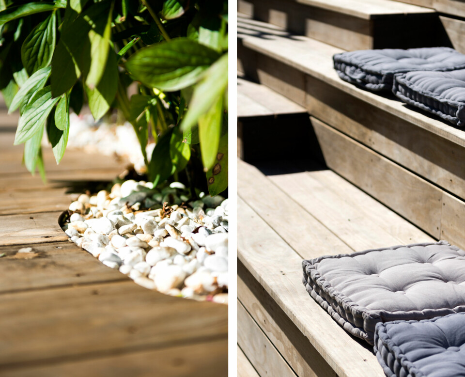 DETALJER: Terrassebordene i Kebony møter blomsterbedet i en myk, buktende linje. Gulvet krever minimalt med vedlikehold. Til høyre kan du se at gangtrappene er lagt til venstre, inntil rekkverket. De større sittetrappene er en av terrassens mange oppholdssoner.