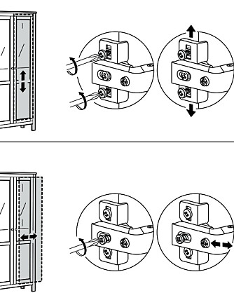 GODT TIPS: Hvis en skapdør er for lav eller skjev eller dørene ikke lukkes helt, så er løsningen å skru på de små skruene på henglsene.