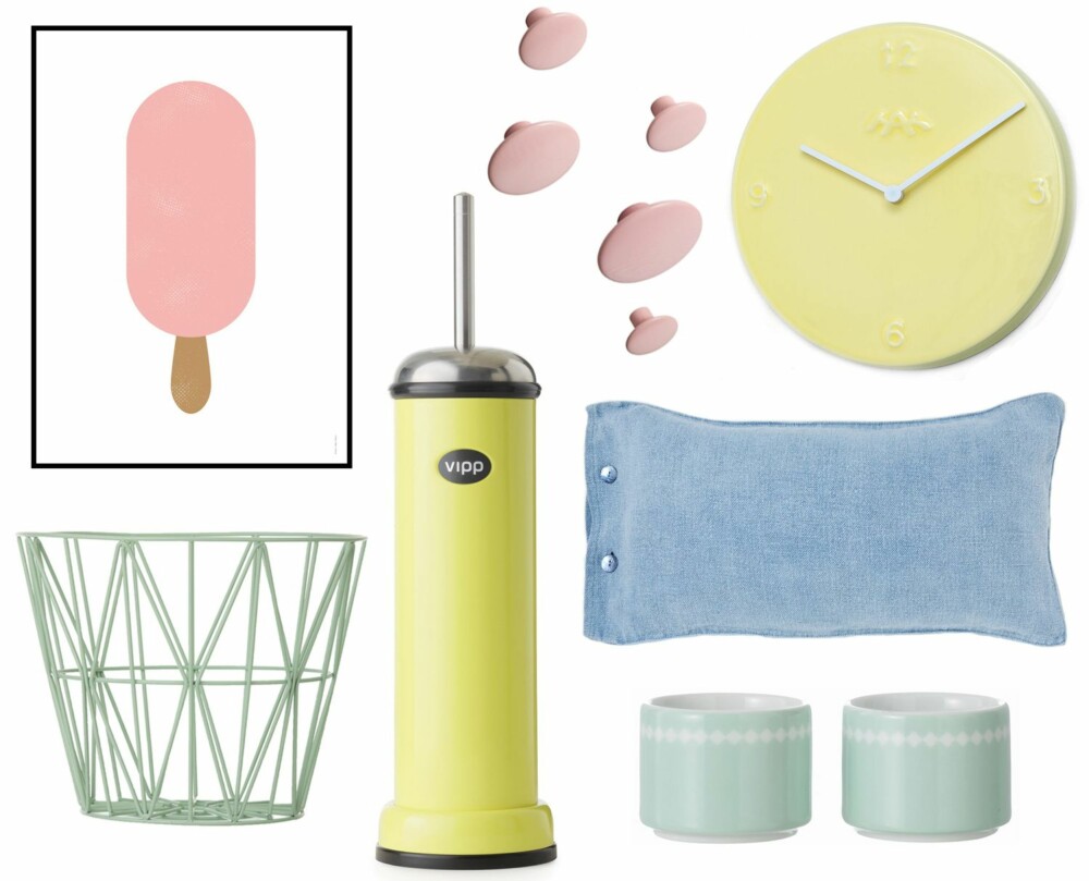 PASTELLVÅR: Interiørstylist Rikke Bye-Andersen tror at pasteller som lyseblått, lysegrønt, lysegult og lyserosa også vil prege interiøret i vår. Øverst fra venstre: 50x70 Pink Popsicle plakat, kr 598 fra Froh und Frau. The Dots henger liten, rose, kr 149 fra Muuto. Ora veggklokke gul hvit Ø20, kr 649 fra Kähler. Wire kurv L mint, kr 799 fra Ferm Living. Vipp 11 toalettbørste yellow fellow, kr 1499 fra Vipp. Washed Effect Cushion, kr 119 fra Zara Home. Egg Cups eggeglass, kr 129 fra Ferm Living. PASTELLVÅR: Interiørstylist Rikke Bye-Andersen tror at pasteller som lyseblått, lysegrønt, lysegult og lyserosa også vil prege interiøret i vår. Øverst fra venstre: 50x70 Pink Popsicle plakat, kr 598 fra Froh und Frau. The Dots henger liten, rose, kr 149 fra Muuto. Ora veggklokke gul hvit Ø20, kr 649 fra Kähler. Wire kurv L mint, kr 799 fra Ferm Living. Vipp 11 toalettbørste yellow fellow, kr 1499 fra Vipp. Washed Effect Cushion, kr 119 fra Zara Home. Egg Cups eggeglass, kr 129 fra Ferm Living.