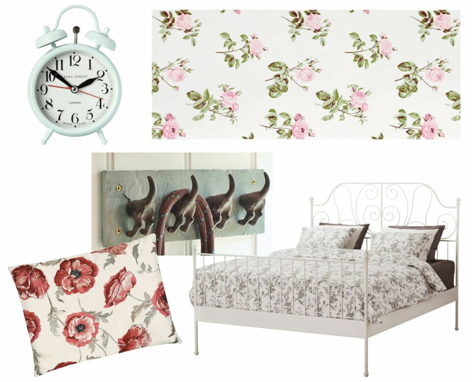 SHOPPINGTIPS: Øverst fra venstre: Vekkerklokke fra Laura Ashley kr 495. Tapetet Rosanna fra Sandberg. Søte knagger formet som hundehaler, ca. kr 202 per knagg. Fra Ella’s Kitchen Company. Sengen Leirvik fra Ikea, kr 1809. Pute fra Laura Ashley, kr 875.