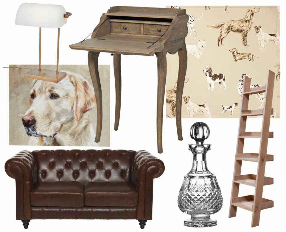 SHOPPINGTIPS: Øverst fra venstre: Bibliotekslampe fra Christiania Belysning, kr 1198. Skrivebordet Soul Marseille fra Skeidar, kr 3999. Tapet med hunder Laura Ashley kr 645 per rull a 10 meter. Hundebilde fra Laura Ashley, kr 795. Skinnsofa Charlietown fra Skeidar, kr 9999. Karaffelen Colleen fra Waterford, kr 2869. Bokhylle formet som stige, ca. kr 2648, fra Ella’s Kitchen Company.