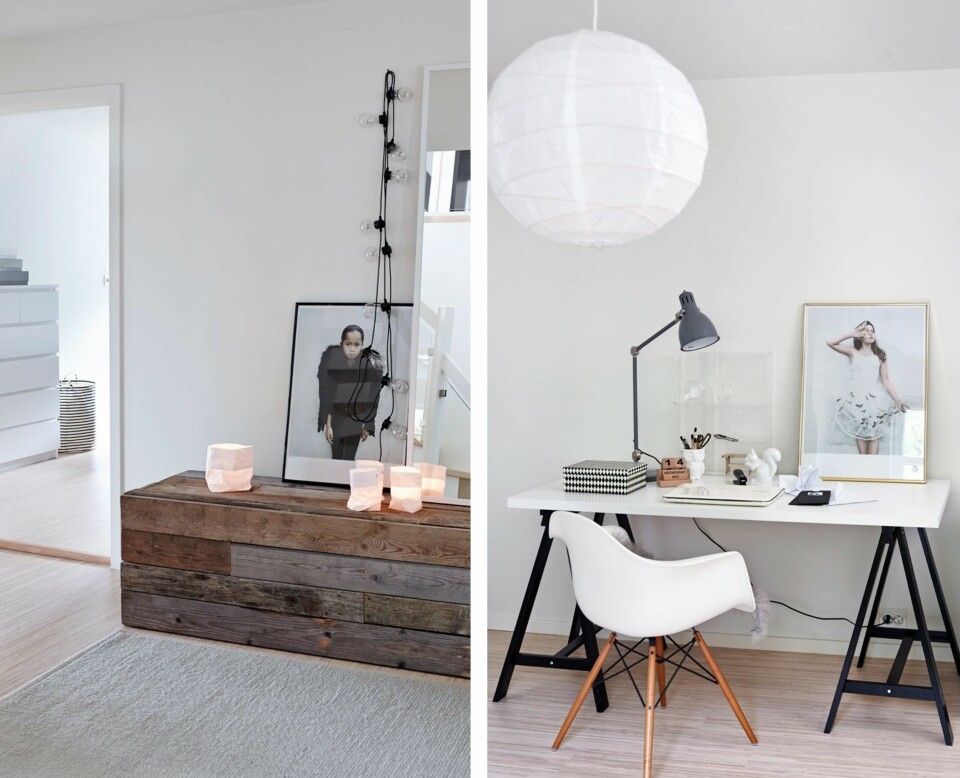 BENK MED HISTORIE: På den røffe, selvsnekrede benken står et speil fra Ikea, lysposer fra Hansen & Co og en stormlykt fra Tine K Home. På veggen henger en lyslenke fra Granit, og i bakgrunnen ses en kommode fra Ikea og en kurv fra Drømmehagen på Byremo. RO OG ORDEN: Bordplate, ben og kommode på hjul fra Ikea. Eamesstol fra Vitra og bazaren.com,
plakat fra museet Fotografiska i Stockholm og pleksiglasshylle fra Hay. Lamper fra Ikea.