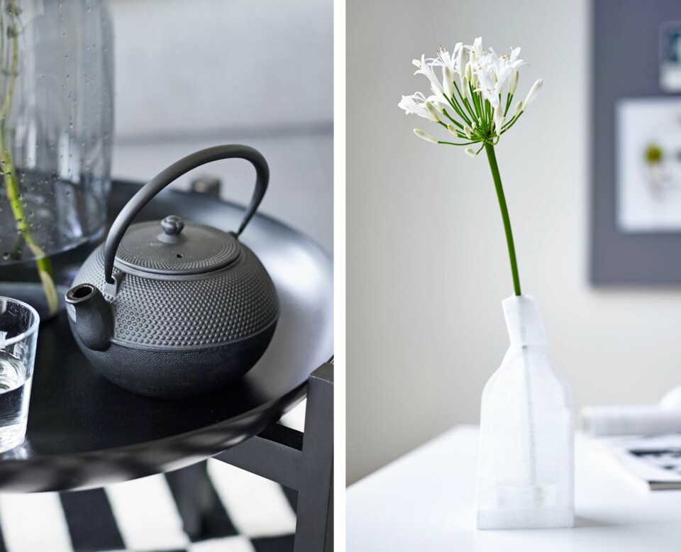 TETID: Tetid med støpejernskanne fra Bloomingville. MOT LYSET: En hvit agapanthus strekker seg mot lyset. Vase fra Stella Shop i Lyngdal. På veggen bak henger et gråmalt lerret, som Cathrine bruker som oppslagstavle for små bilder og annet hun gjerne ser to ganger på.