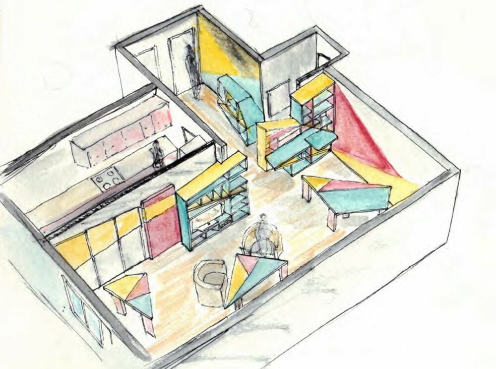 TEGNING: Interiørarkitekten lagde tegninger med ny planløsning. Her er det åpning mellom kjøkken og stue, samt integrerte installasjoner i fargerike pasteller.