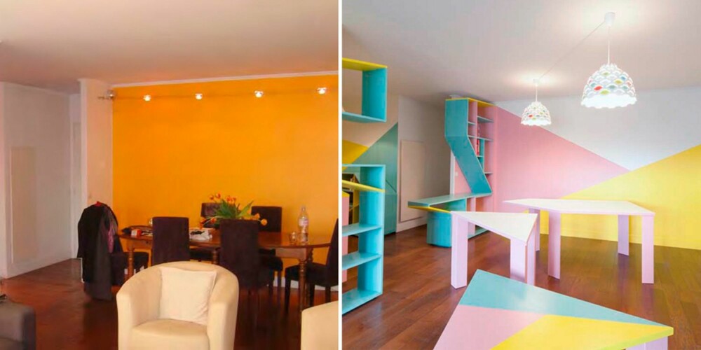 LEKEN STUE: Beboerne hadde en fargerik vegg i stuen fra før. Den er nå byttet ut med lekne elementer i rosa, gult og blått.