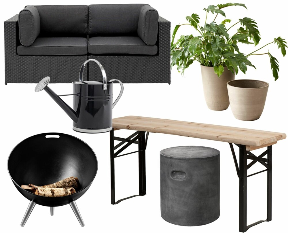 TØFT I SVART-HVITT: Sofa fra Ilva, kr 5499. Blomsterpotter fra Ilva, kr 189. Vannkanne fra Nordal, kr 349. Benk fra Granit, kr 379. Bålpanne fra Eva Solo, kr 2499. Betongkrakk fra Granit, kr 399.